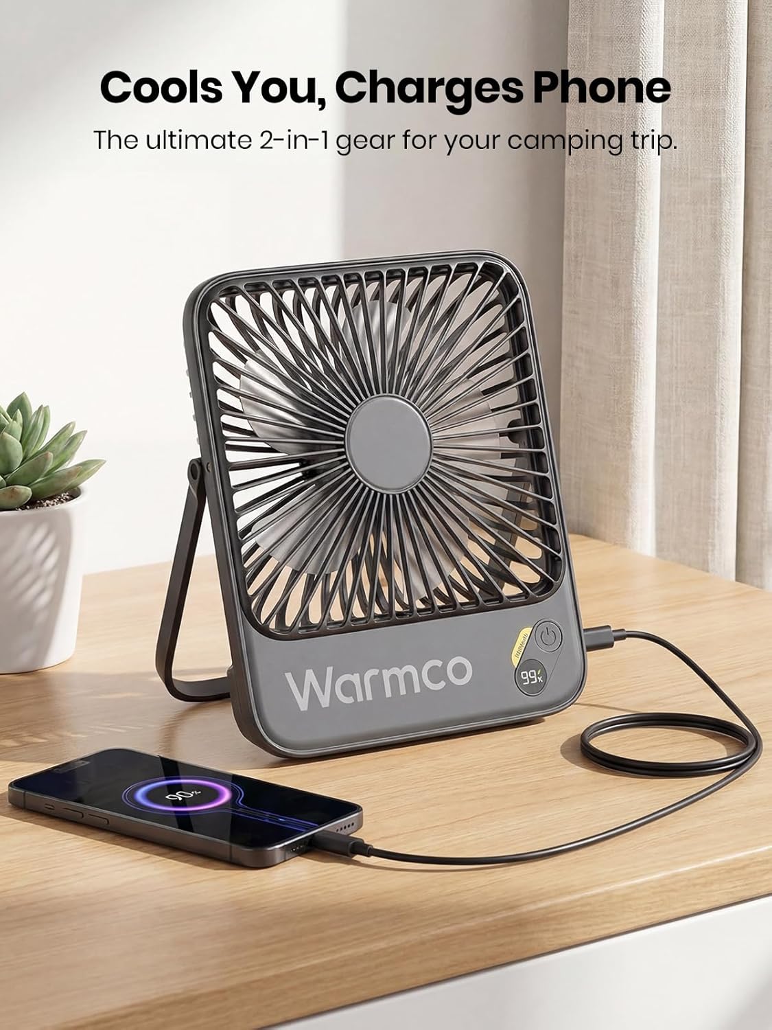 Warmco 10000mAh Portable Travel Fan 7-inch, Max 24H Runtime, Ultra-thin Quiet Rechargeable Battery Operated Desk Fan with Digital Display for Camping, Office, Bedroom, Cruise Essentials