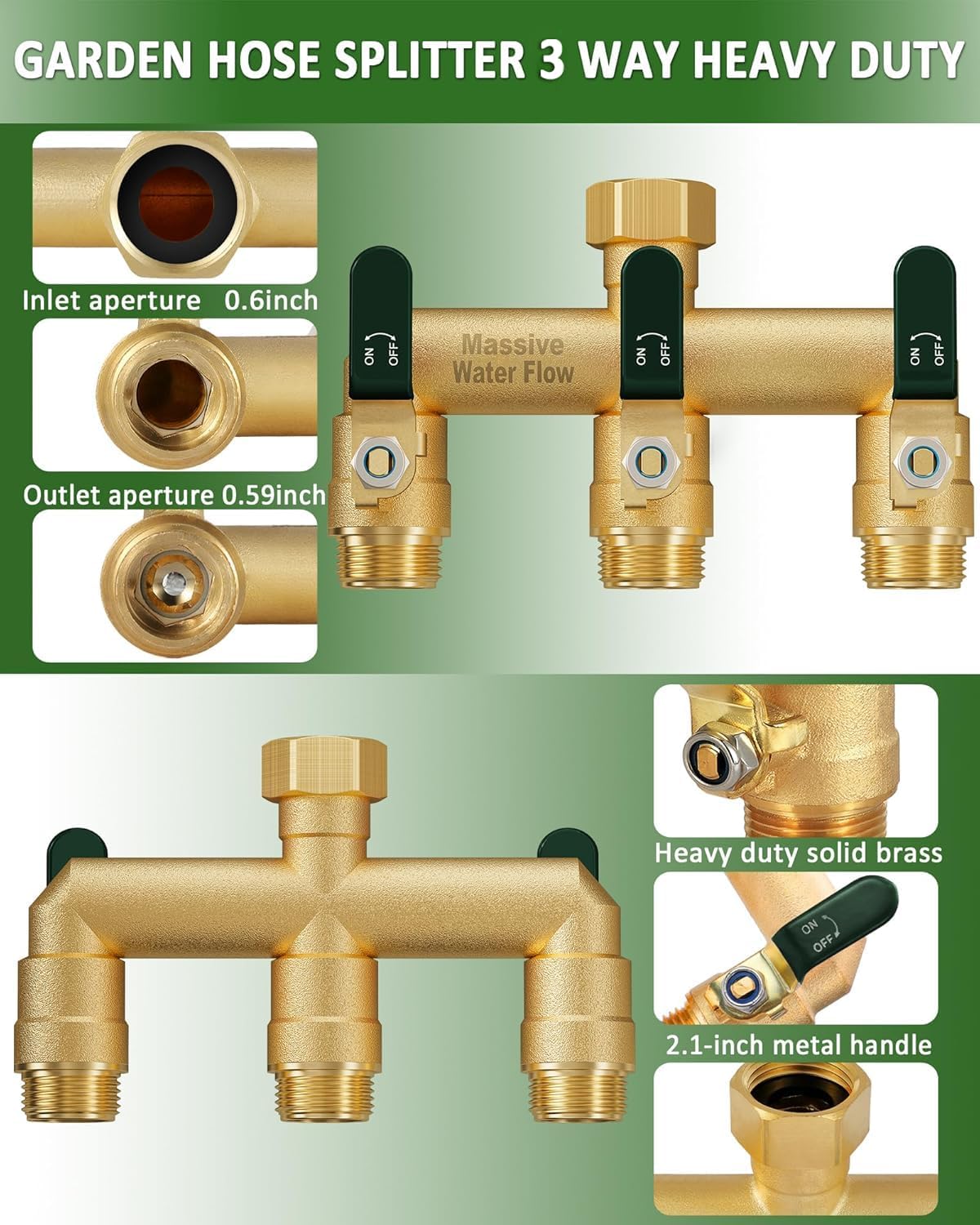 3 Way Hose Splitter, Heavy Duty Full Flow Garden Water Hose Bib Spigot