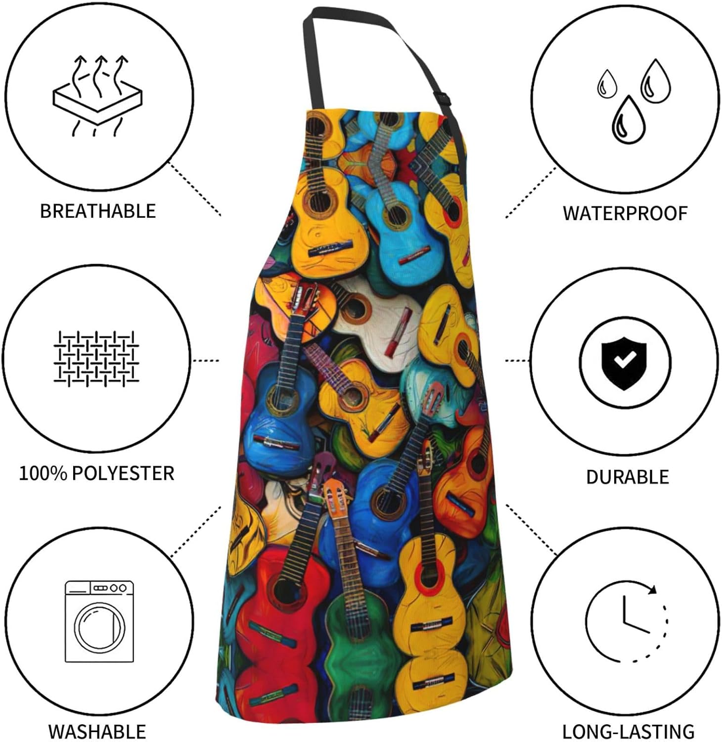Color Acoustic and Guitars print Waterproof chef's apron with pocket a