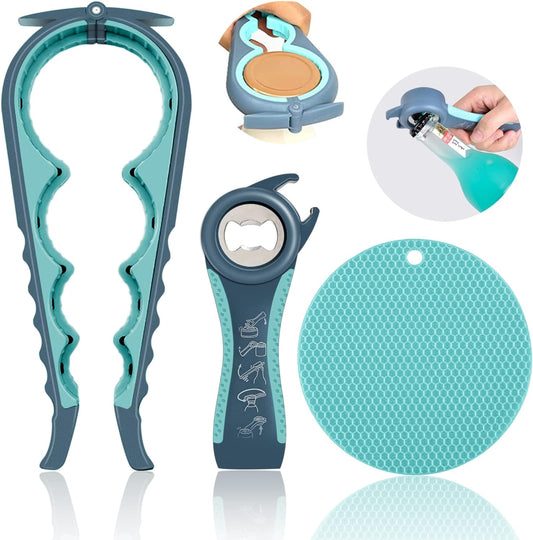 Jar Opener for Weak Hands, Seniors with Arthritis, 5 in 1 Multi Function Bottle Opener Lid Opener For Arthritic Hands with Non Slip Rubber Jar opener Gripper Pad(blue)