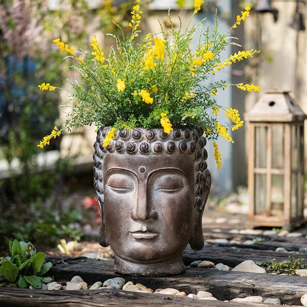 Planter Flowerpot Planter Pots Unique Plant Pots 16.9" Tall Buddha Statue Buddha Head Flower Pot Outdoor Large Planters (35x35x43cm)