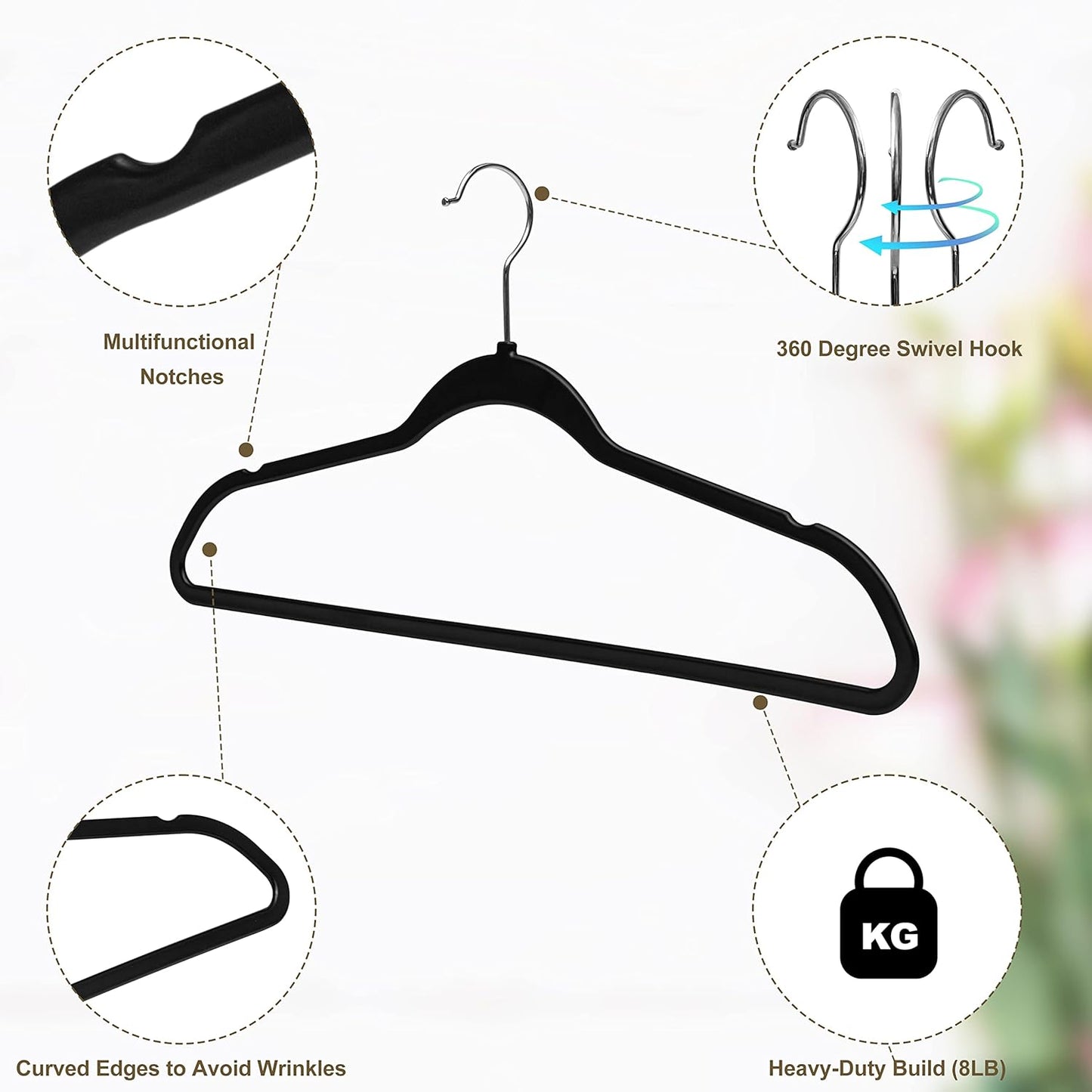 Quality Hangers 50 Pack Plastic Hangers for Clothes - Slim Non-Velvet Hangers with 360° Swivel Chrome Hook & Non Slip Notches - Ideal for Dresses Coats Shirts Jackets & More - Black