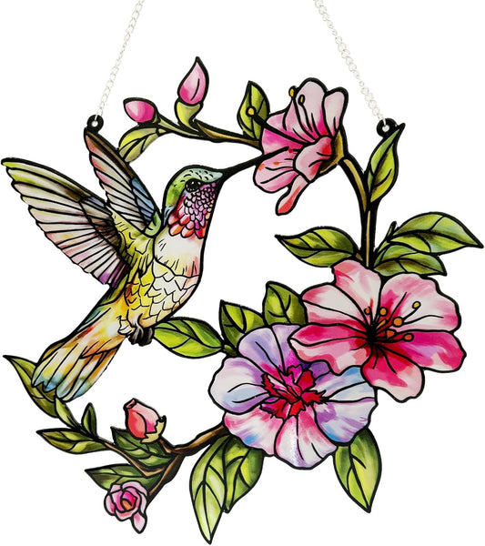 Stained Glass Hummingbird Suncatcher, Marzovitra 12 inch Stained Glass Window Hanging Yard Décor with Flowers, Sun Catcher for Home Decor, Garden, Patio Bird Window Art Gift for Nature and Bird Lovers