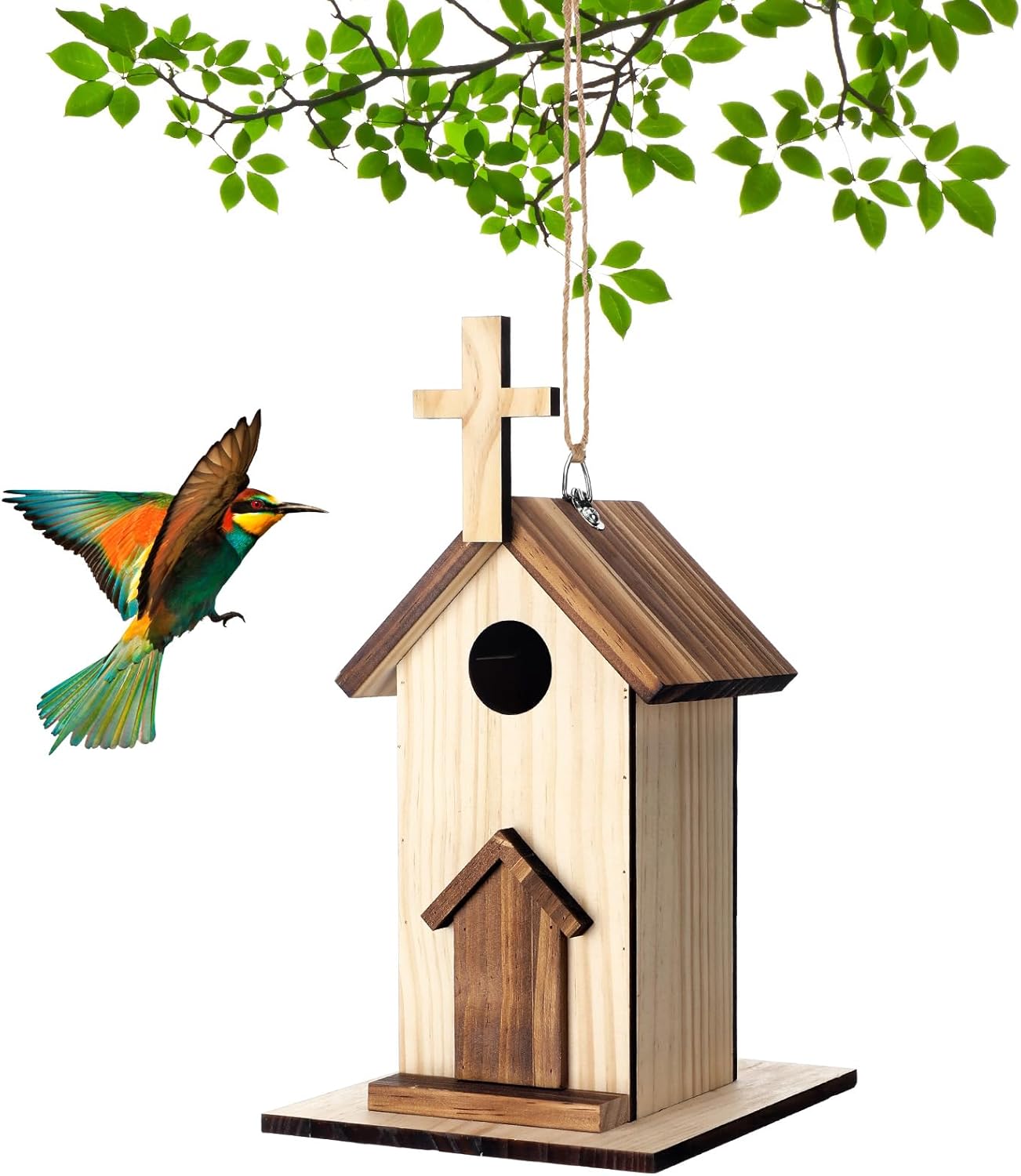 Leinuosen 2 Pcs Birdhouse Outdoor Hanging Wooden Church Birdhouse Cros