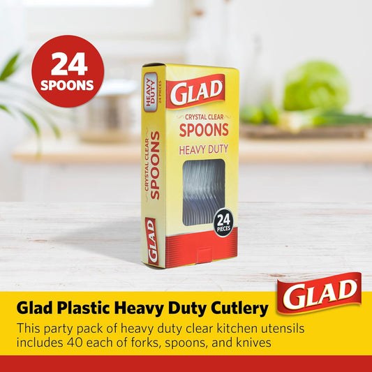 Glad Clear Plastic Spoons, Disposable Plastic Utensils for Parties Events and Everyday Meals, Sturdy Clear Plastic Cutlery for Easy Cleanup and Convenience, 24 Count
