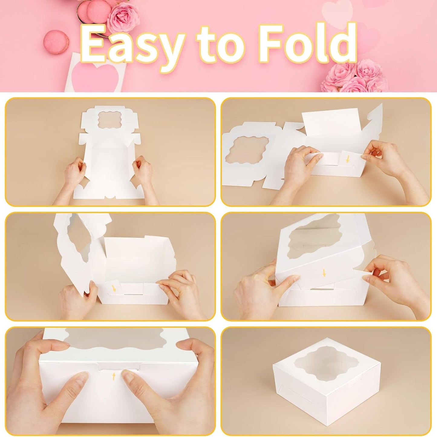WINKIO 12 Pieces Cookie Boxes with Window, 6×6×3 Inches Treat Boxes for Bakery Dessert Pastry Mini Cake Favor Donut Baked Goods (White, with Stickers)