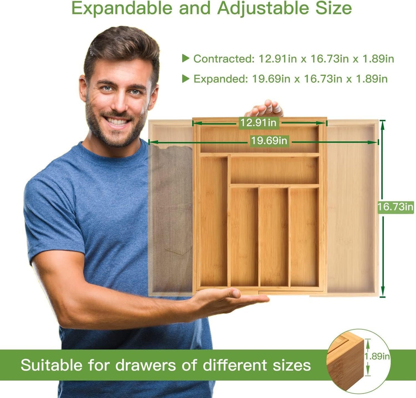 Pipishell Bamboo Expandable Silverware Drawer Organizer, Adjustable Ki