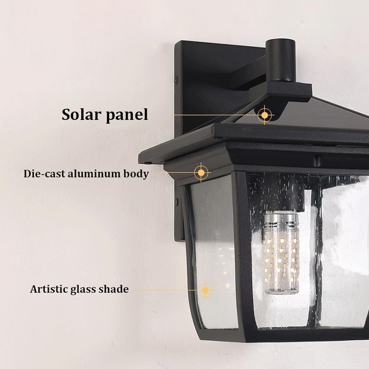 Solar Outdoor Wall Lantern, Black Dusk to Dawn Die-Cast Aluminum Sconce with Glass, Traditional Exterior Wall Mounted Lamp for Porch, Patio, Garden, Entryway, Weather Resistant Cottage