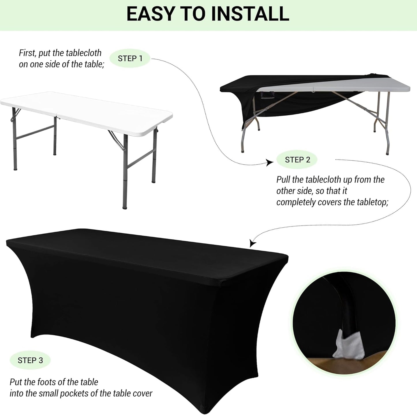 Obstal 6ft Stretch Black Spandex Table Cloth for Standard Folding Tables - 2 Pack Universal Rectangular Fitted Tablecloth Protector for Wedding, Trade Show, Vendor Stand