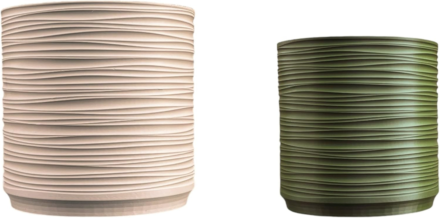 happimess USA2004A-2SET Flo MidCentury Modern Indoor Ripple Sustainability 3D Printed Planters with Drainage, Sand/Olive (Set of 2)