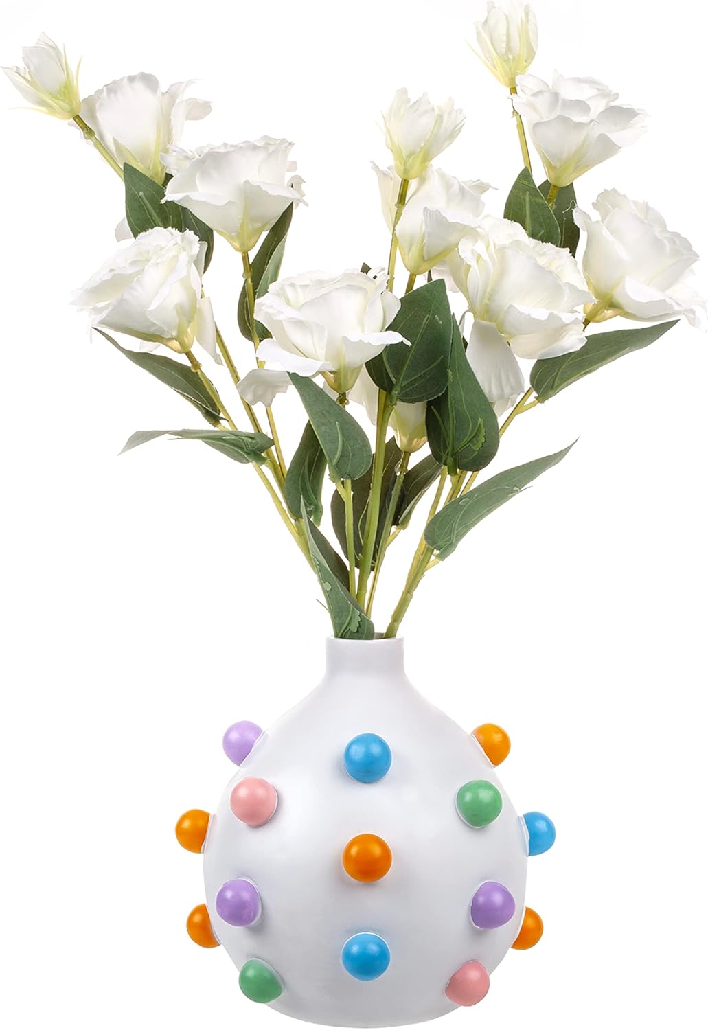 GUTE Bubble Multicolor Vase Detailed White Ceramic Planter, 9.25" Flower Plant Vase, Carved Pomponette Pastel Colors Classic - Plant Pot Colorful Round Bubble Detail for House