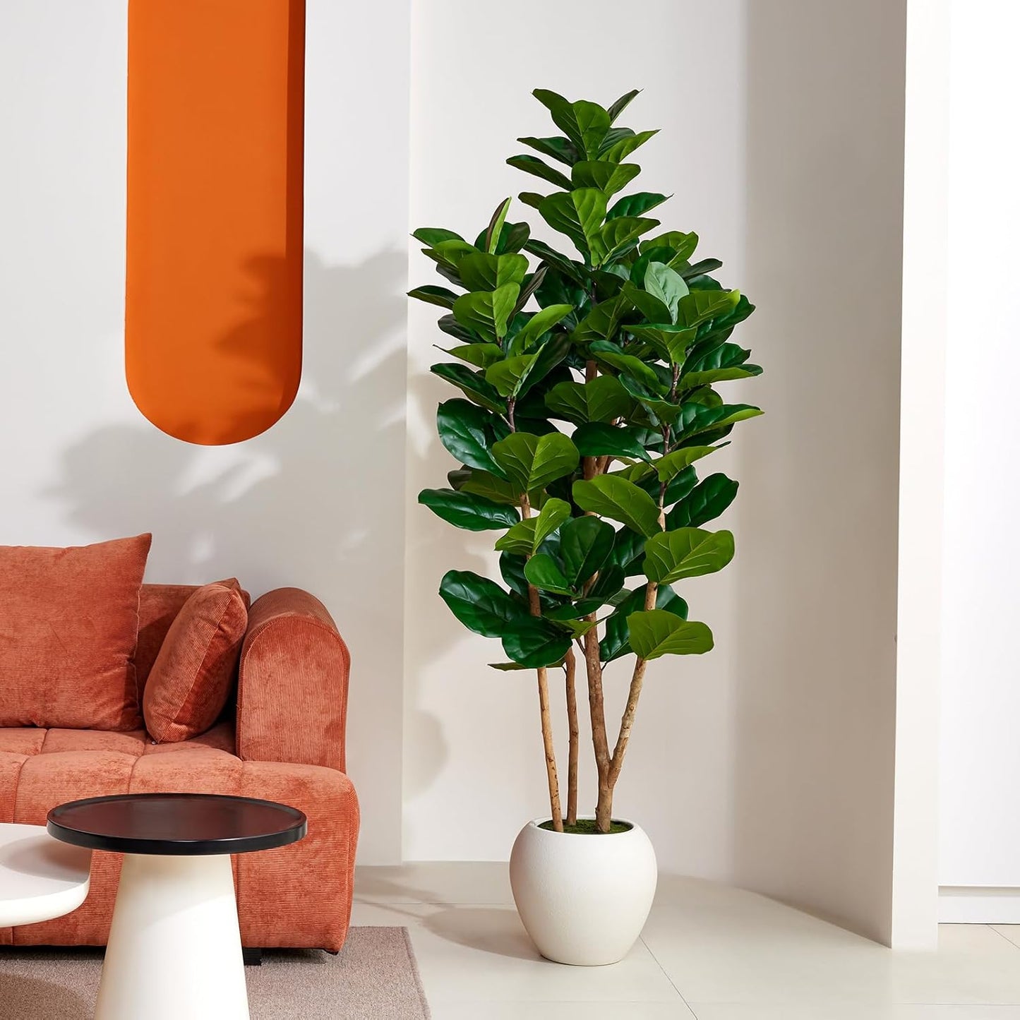 6FT Artificial Fiddle Leaf Fig Tree with White Planter - Tall Fake Tree, 3 Real Wood Trunks, Real Moss Pot, Artificial Plants Indoor Faux Tree for Home Living Room Office Decor, VN244
