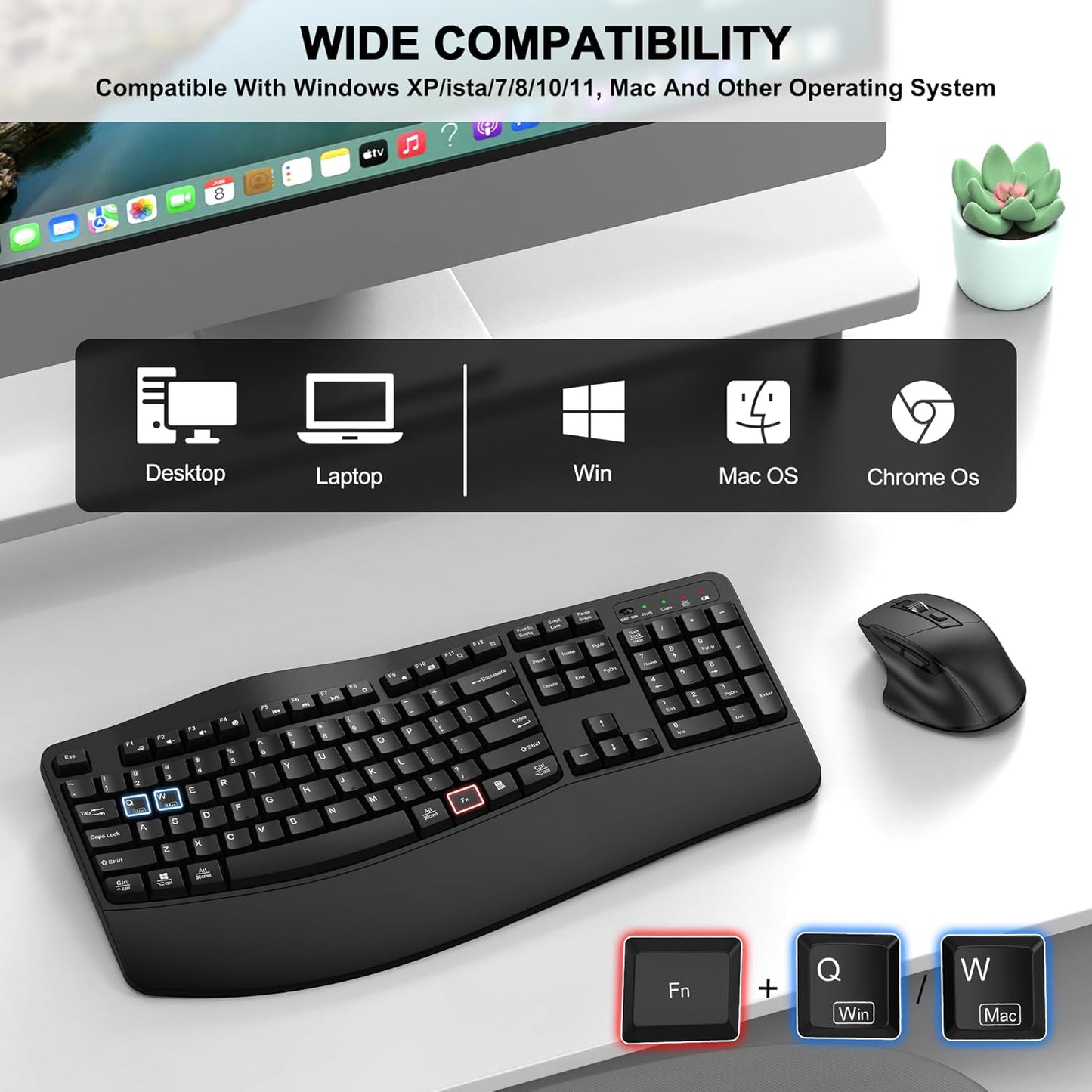 Wireless Keyboard and Mouse Combo, 2.4G Full Size Wave Keys Ergonomic 