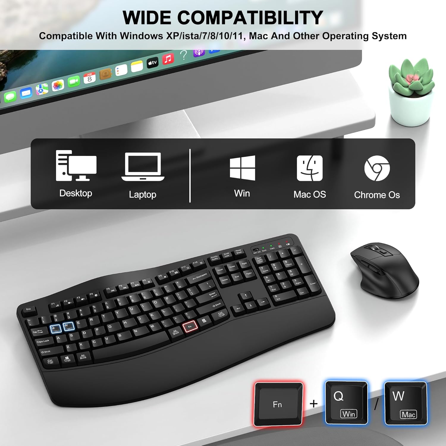 Wireless Keyboard and Mouse Combo, 2.4G Full Size Wave Keys Ergonomic 