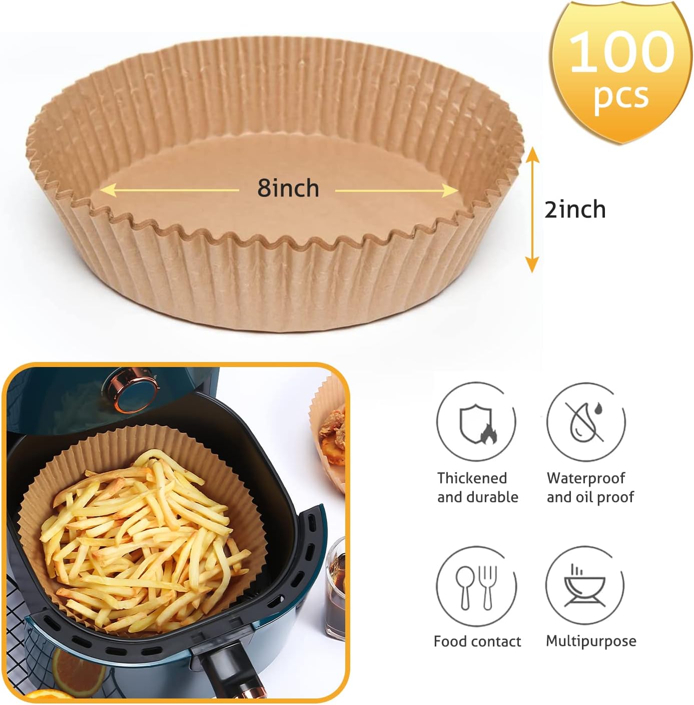 Ailun Air Fryer Paper Liners 8inch, 100PCS Non-Stick Parchment Paper,O