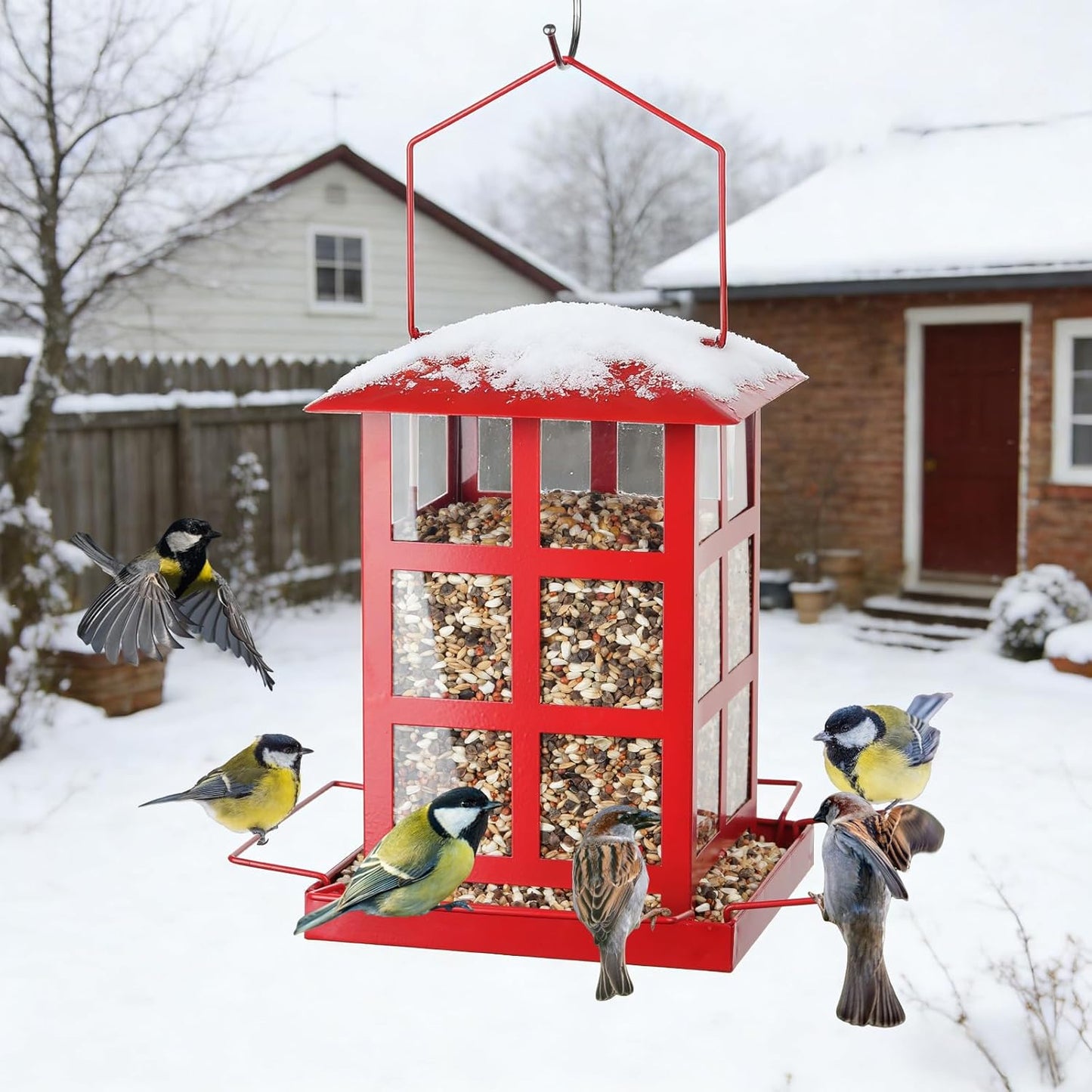 Bird Feeder, Heavy Duty Metal Bird Feeders for Outdoor Hanging, Retro Red House Wild Birdfeeder, Rainproof & Waterproof, 4 LBs Large Capacity