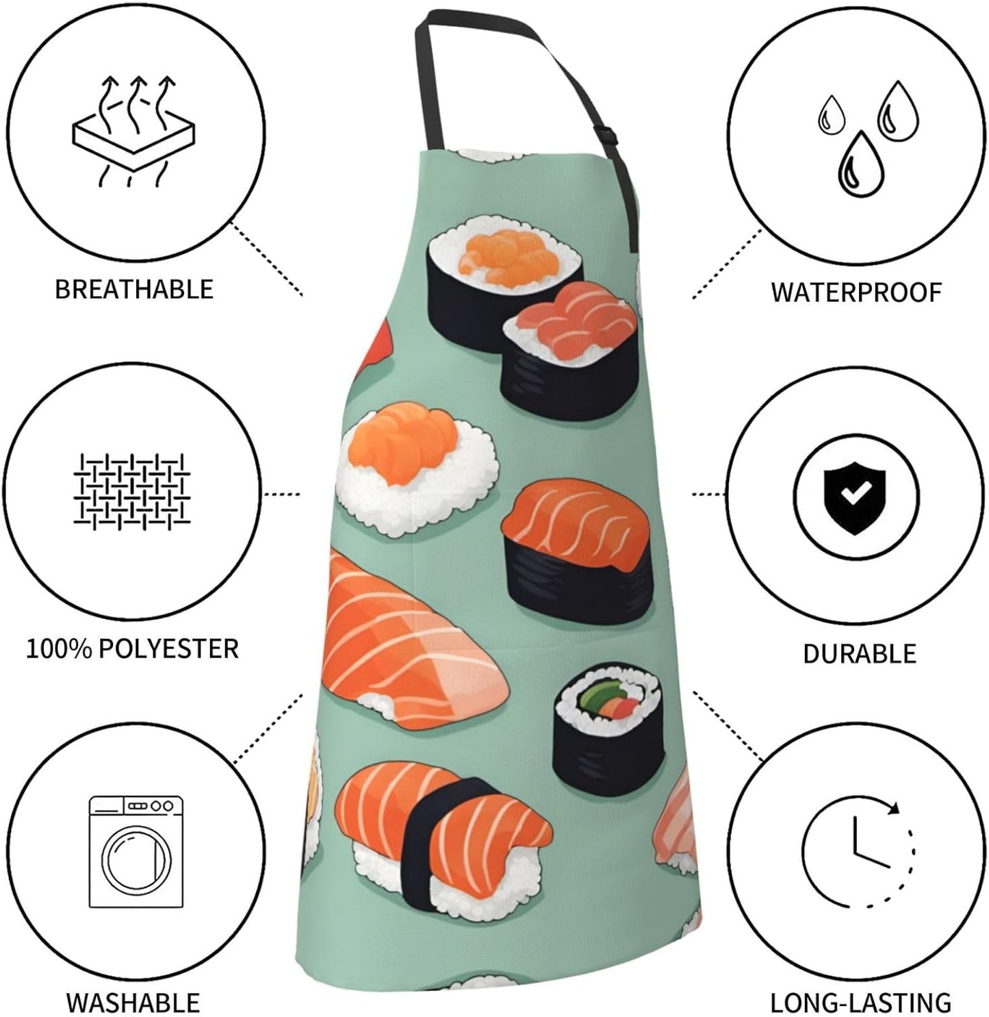Delicious sushi 1 print Waterproof chef's apron with pocket apron for kitchen cooking baking barbecue and gardening