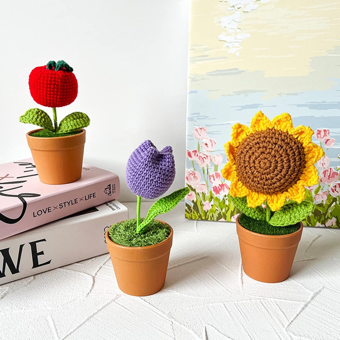 Potted Plants,Handwoven Bouquet Potted Knitted Bouquet Accessory Household for Indoor Outdoor Garden Yard Supplies