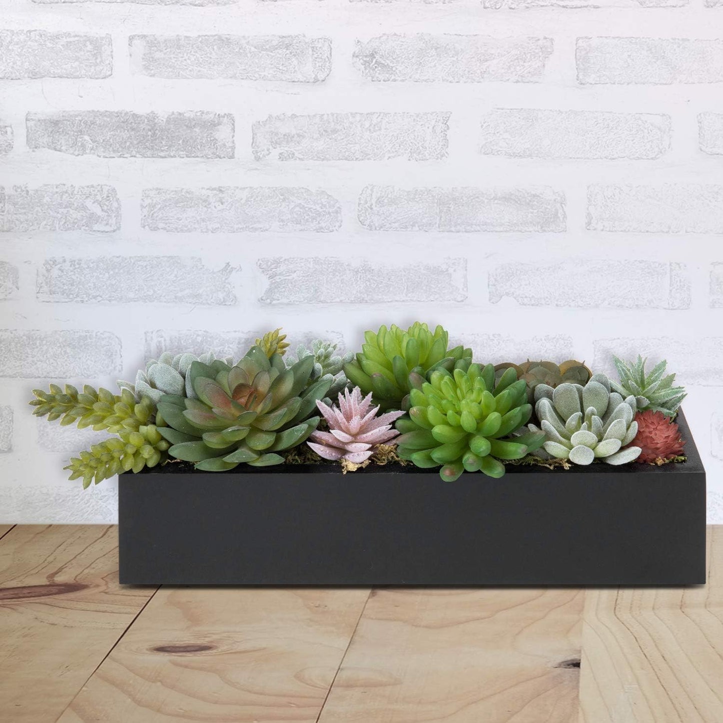 MyGift 12 Inch Modern Artificial Succulent Plants Arrangement Centerpiece in Black Rectangular Wood Planter Box