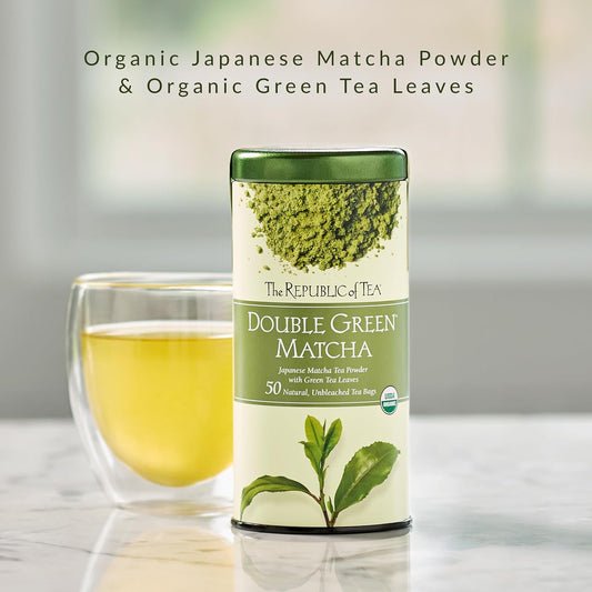 The Republic of Tea Organic Double Green Matcha, Individual Tea Bags with Japanese Matcha Tea Powder and Green Tea Leaves Blend, Natural Unbleached Bags in Reusable Tin Canister, 50 Tea Bags