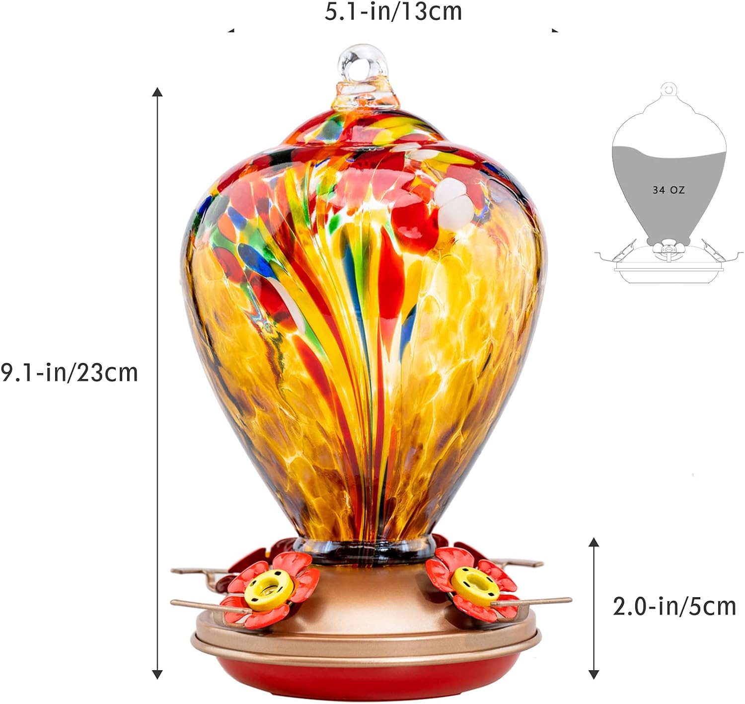 Hummingbird Feeder, 34OZ Hand Blown Glass Hummingbird Feeders for Outd