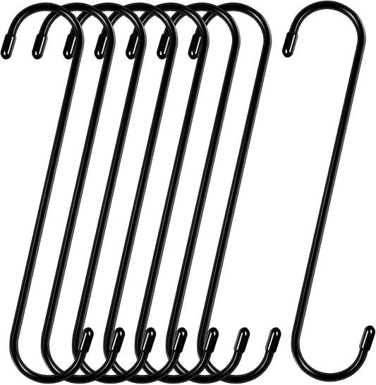 HiGift 8 Pack 12 Inch Long S Hooks for Hanging Plants, Large Plant Hooks for Hanging Baskets Heavy Duty, Black Extender Hooks for Kitchenware, Pergola, Closet, Flower Basket, Bird Feeder, Wind Chimes