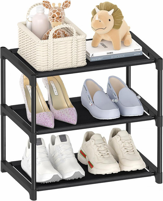 3 Tier Extra Small Shoe Rack (16.3" Wide), Narrow Stackable Shoe Shelf for Kids Toddler Adult, Ultra-Lightweight Shoe Rack Stand for Closet Dorm Bedroom Storage Organizer, Entryway