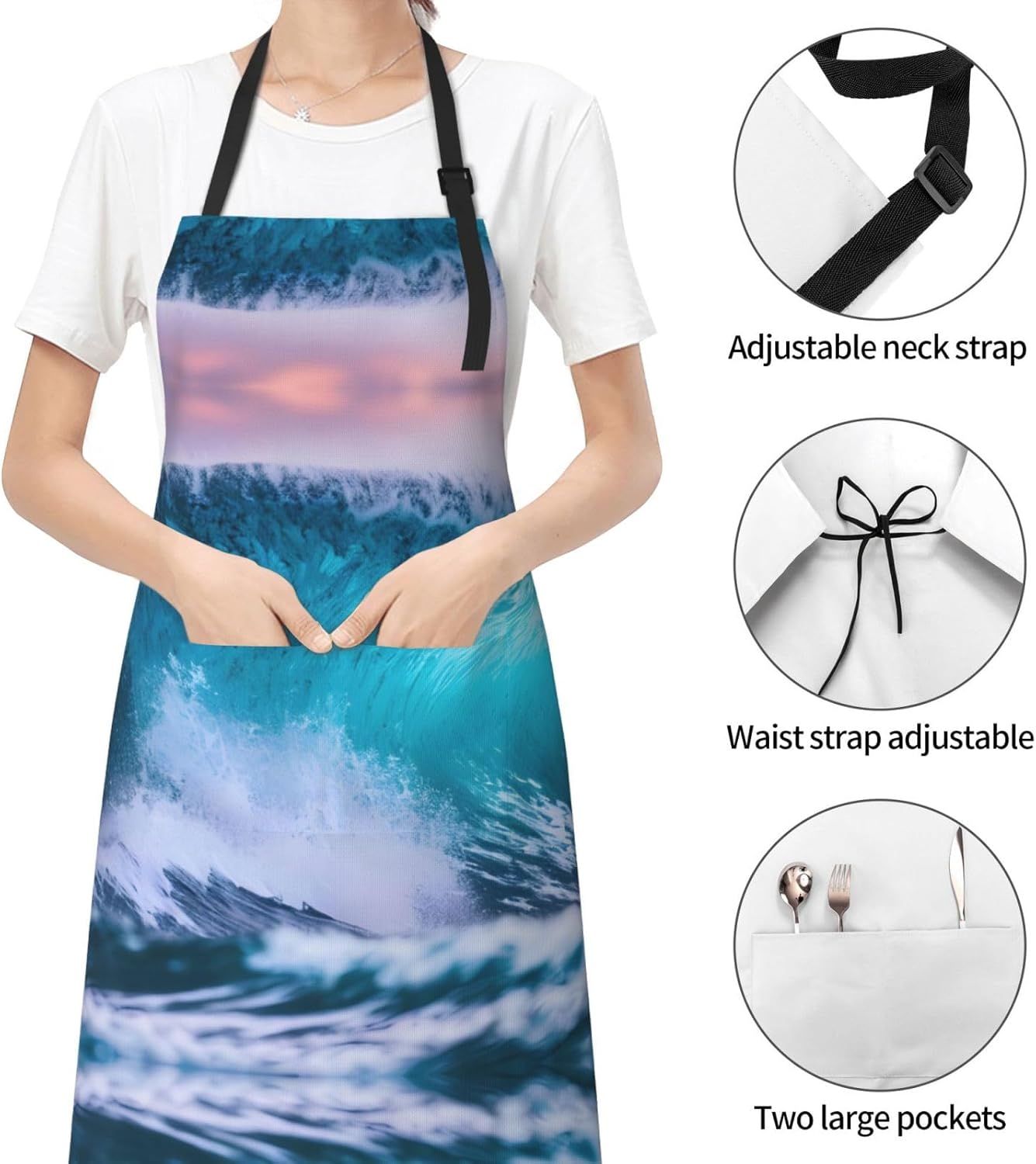 Blue Ocean Wave Print Laundry apron 28x33 In Waterproof Kitchen Apron with Pockets for Cooking Baking