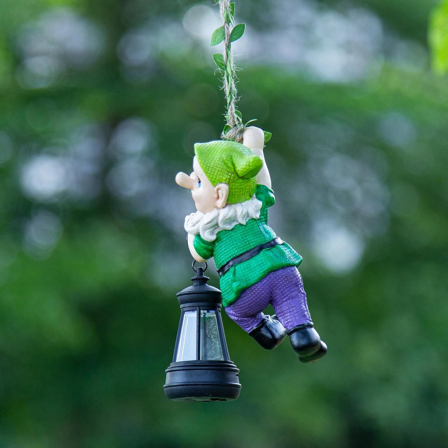 Garden Gnome Solar Lantern Decoration, Green and Purple, Weather-Resistant Resin, Hanging Style, Solar Powered, Whimsical Garden Decor, 6.3 Inch Height