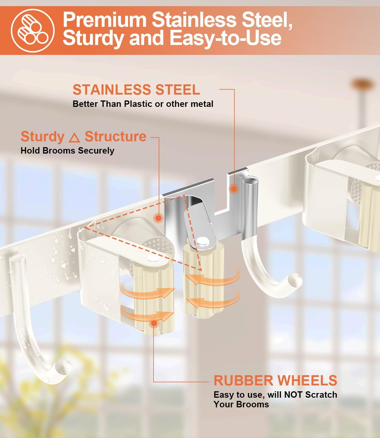 Broom Holder Over The Door Drilling Free Mop and Broom Holder with 4 Over Door Hook, Metal Mop and broom hanger Wall Mount Broom Storage Tool Organizer for Laundry Room Garage Bathroom - light beige
