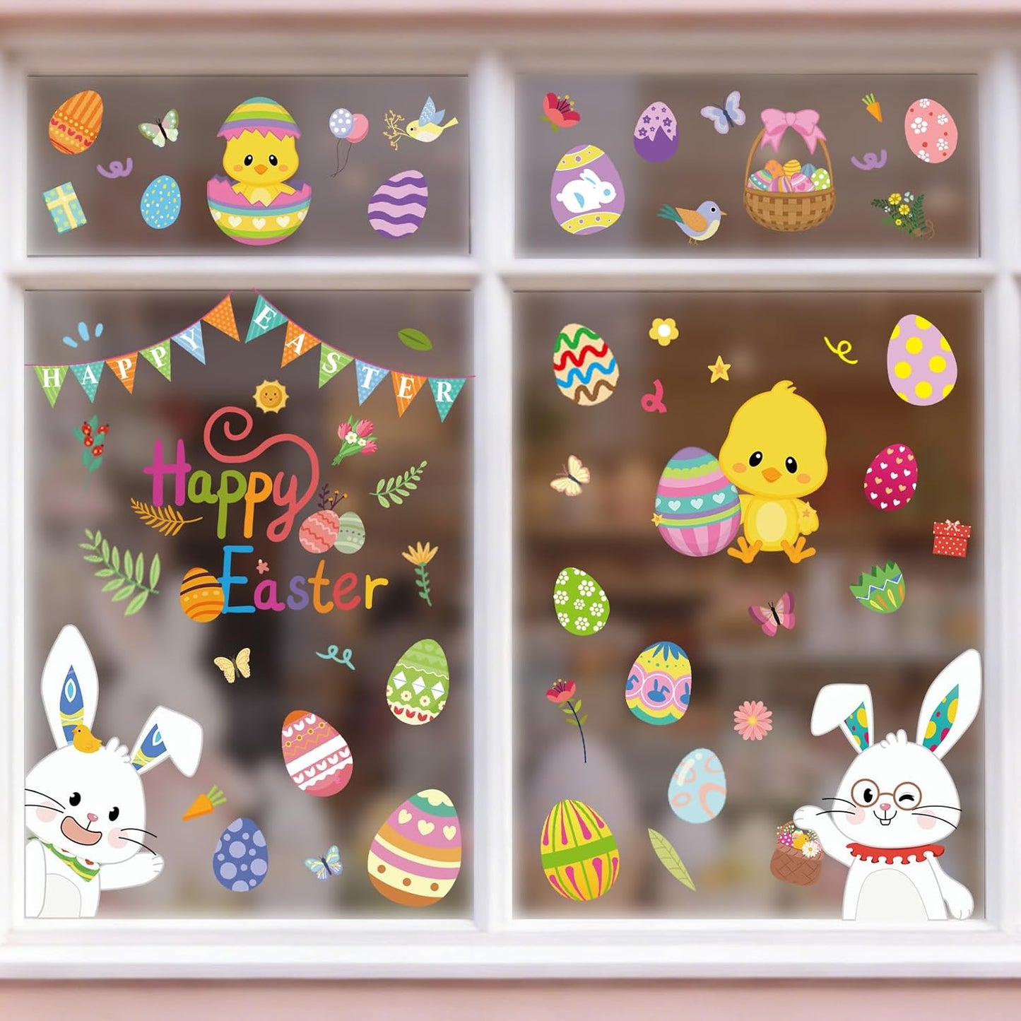 9 Sheets Easter Window Clings, Happy Easter Decorations, Eggs Bunny Rabbit Window Stickers for Home Office School, Spring Decals Decor for Glass Windows Doors