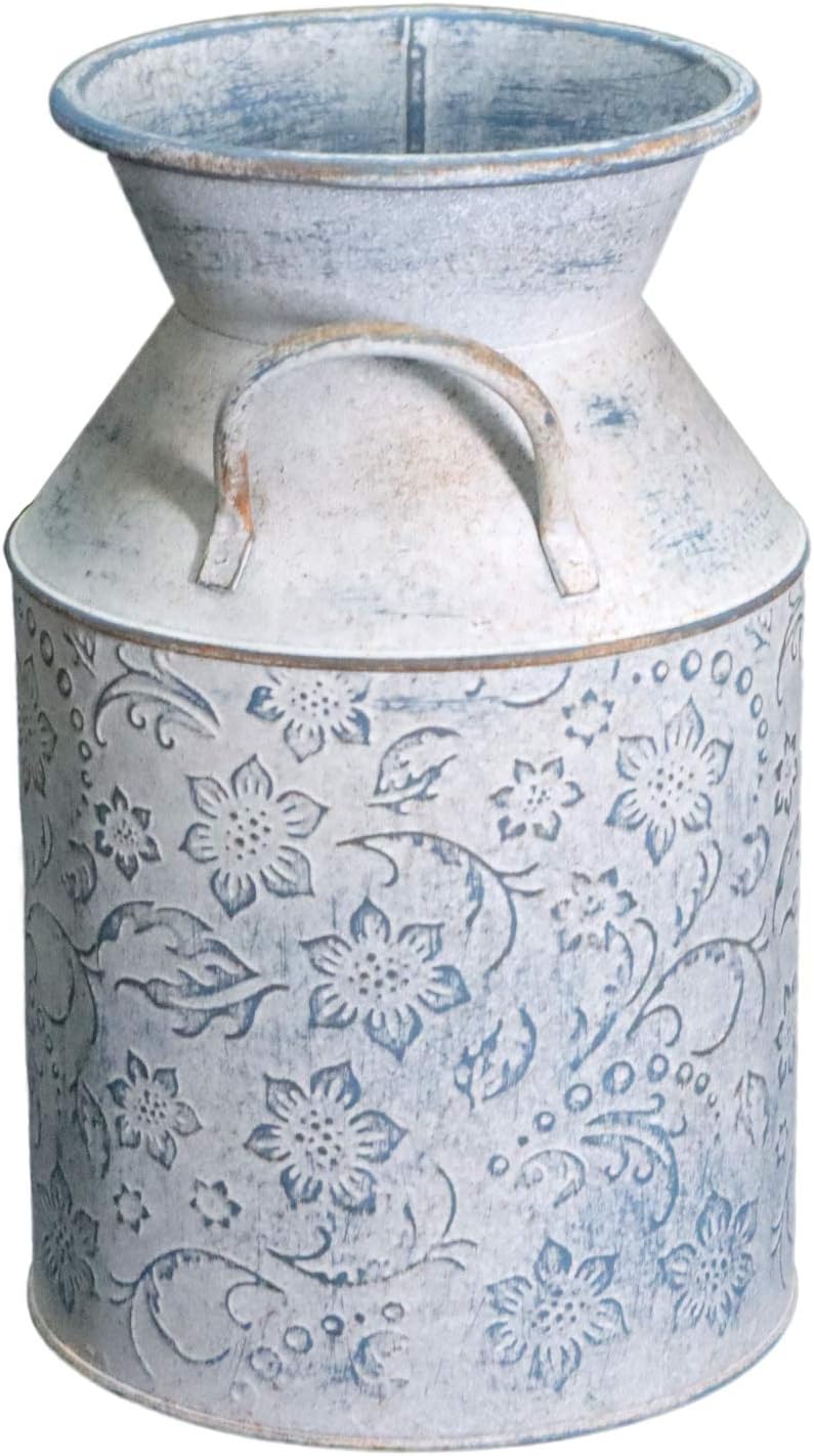 Galvanized Milk Can Antique Retro Vase Metal Planter Rustic Vintage Primitive Flower Holder Farmhouse Country Plant for Home Office Decor, 9.4”