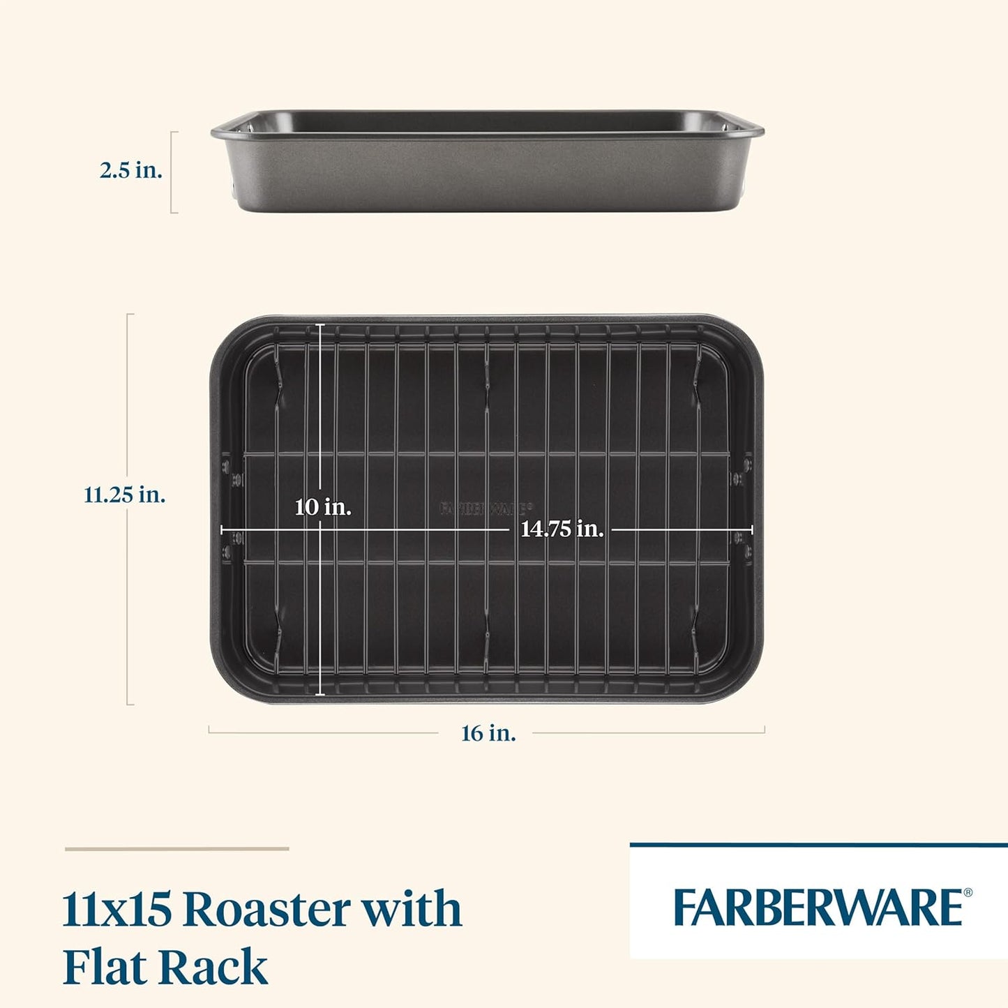 Farberware Bakeware Nonstick Steel Roaster with Flat Rack, 11-Inch x 1