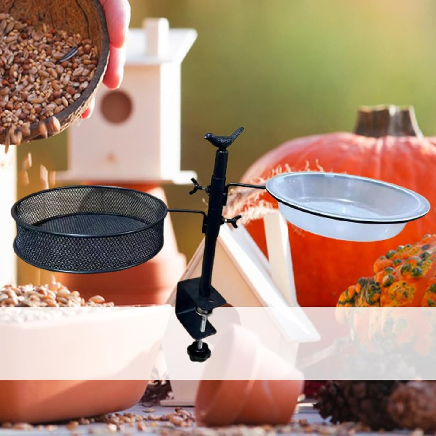 Balcony Bird Feeder, Adjustable Deck Mounted BirdsWater Bowl, 360-Degree Rotatable Feeding Station, Flower Pot Stand for Balcony Bird Bath Outdoor