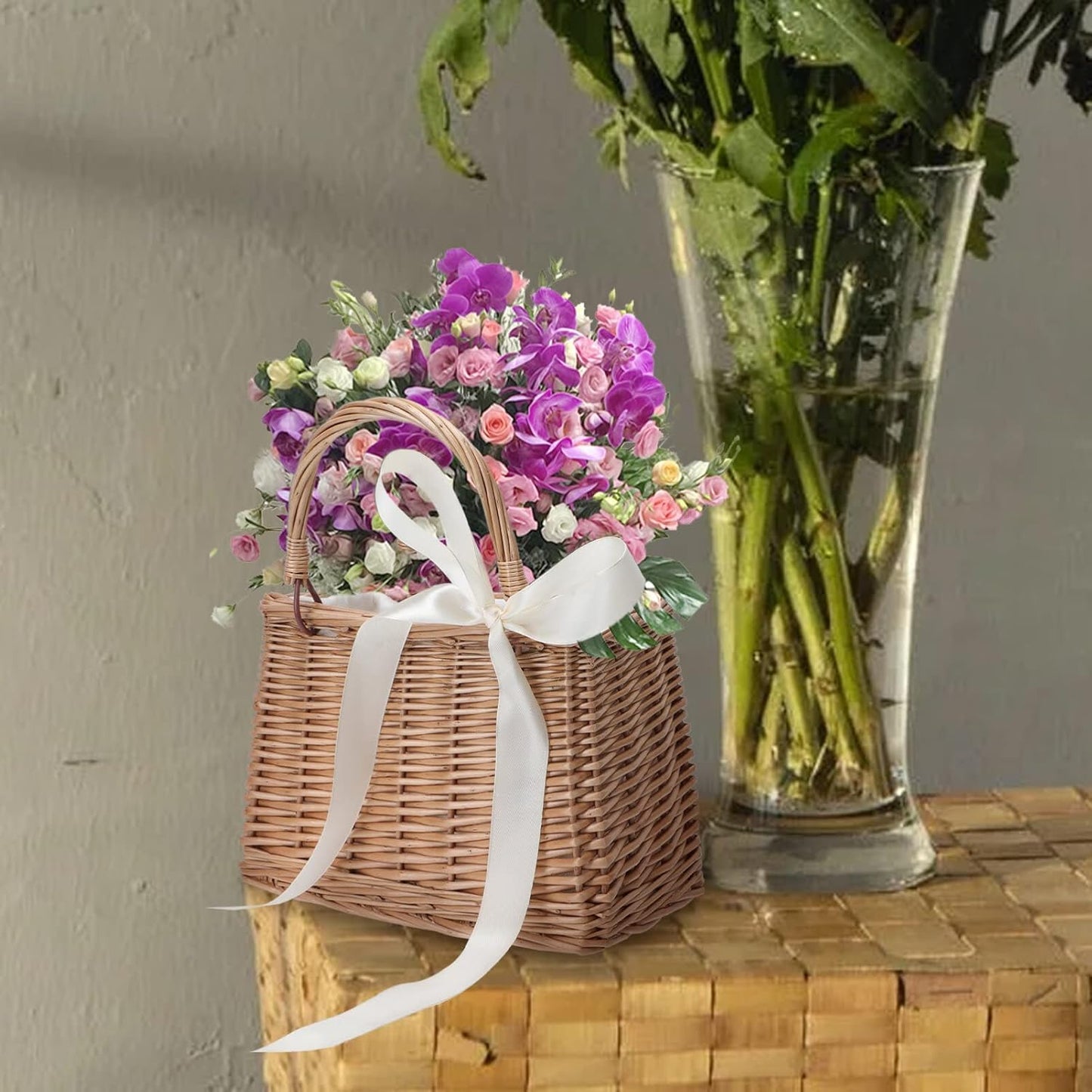 ABOOFAN Rattan Handbag Small Wicker Basket Purse with Handle Rectangul