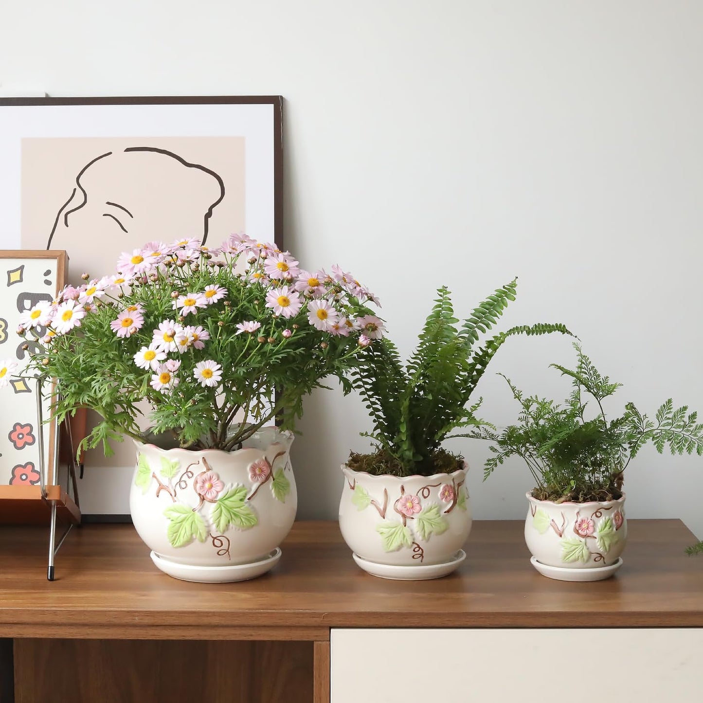 Ceramic Plant Pots with Drainage Holes and Saucers, Round Flower Pots 