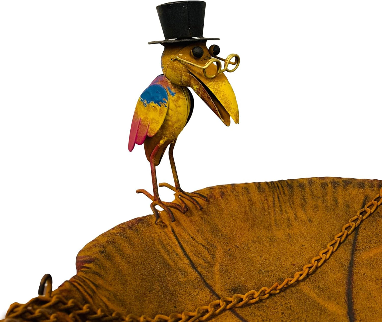 Continental Art Center Rustic Metal Hanging Bird Feeder with Two Old Crows Stand On The Plate