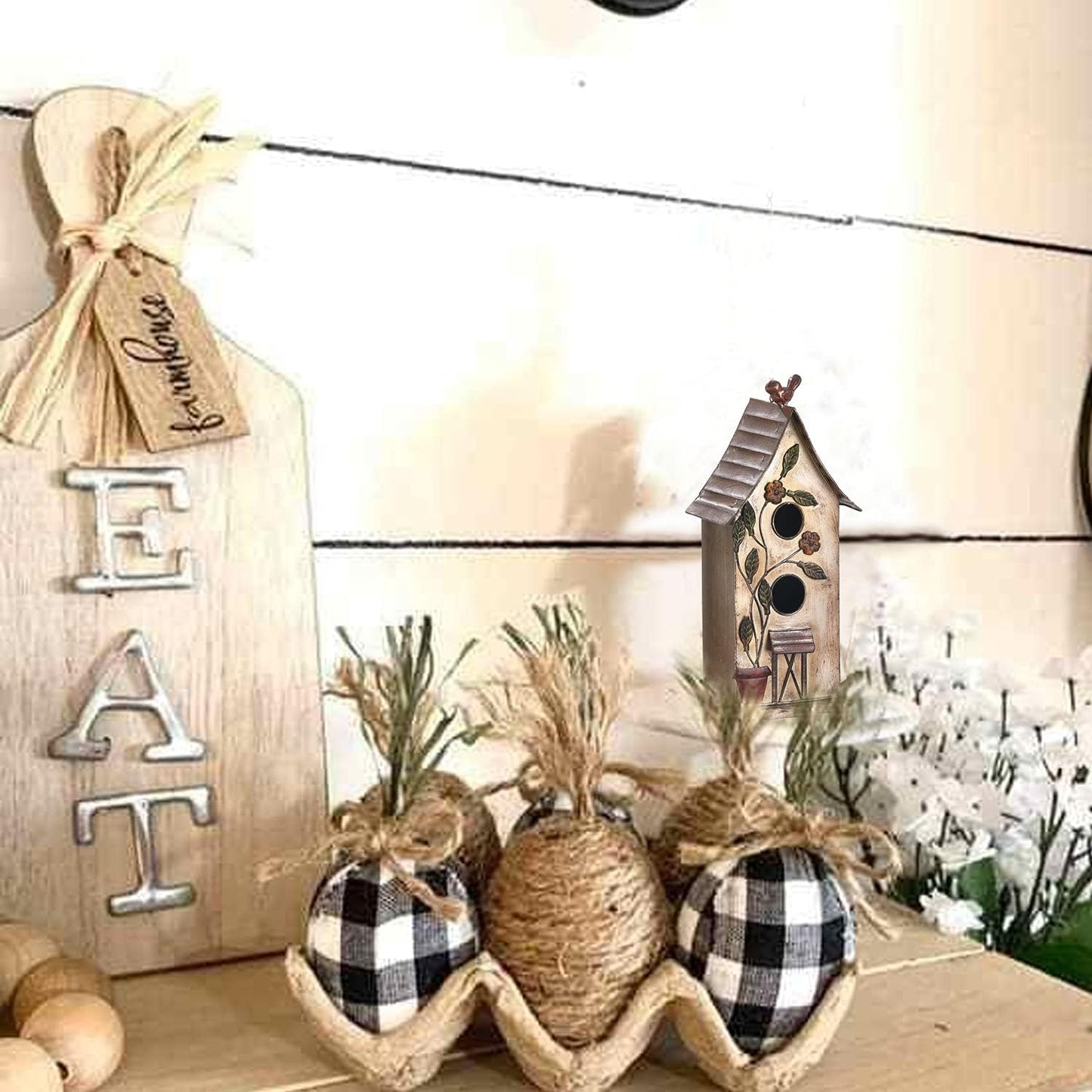 Jemeni 15" H Distressed Metal Birdhouses for Outdoors Hanging, Bird House Decorative for Outside Garden Yard, Double Hole with Floral Accents…………