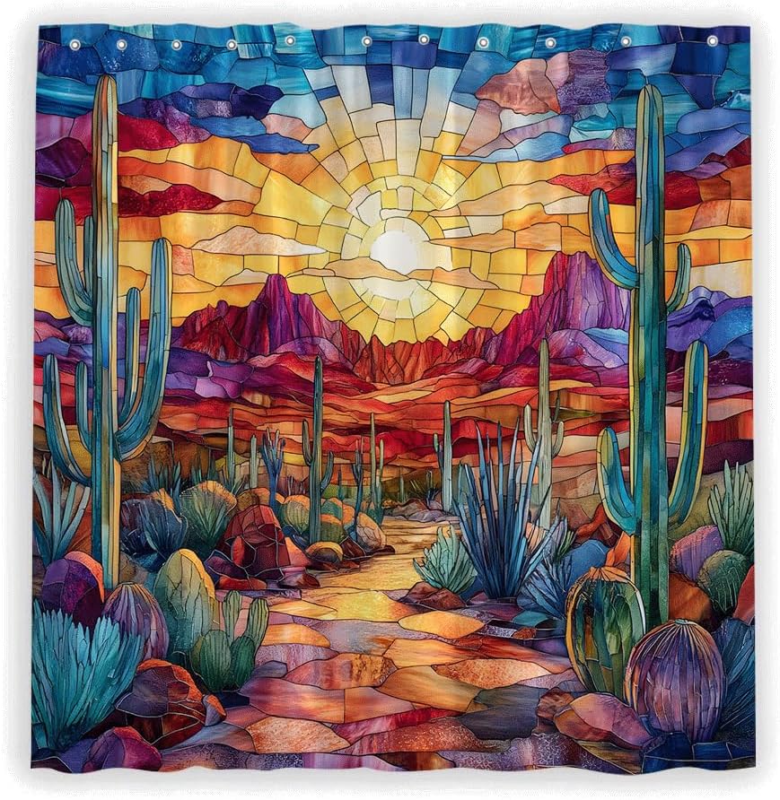 Western Desert Shower Curtain Boho Abstract Colorful Stained-Glass Southwestern Desert Cactus SunSet Montain Tropical Plant Outdoor Country Nature Landscape Bathroom Decor Fabric Curtain with Hooks