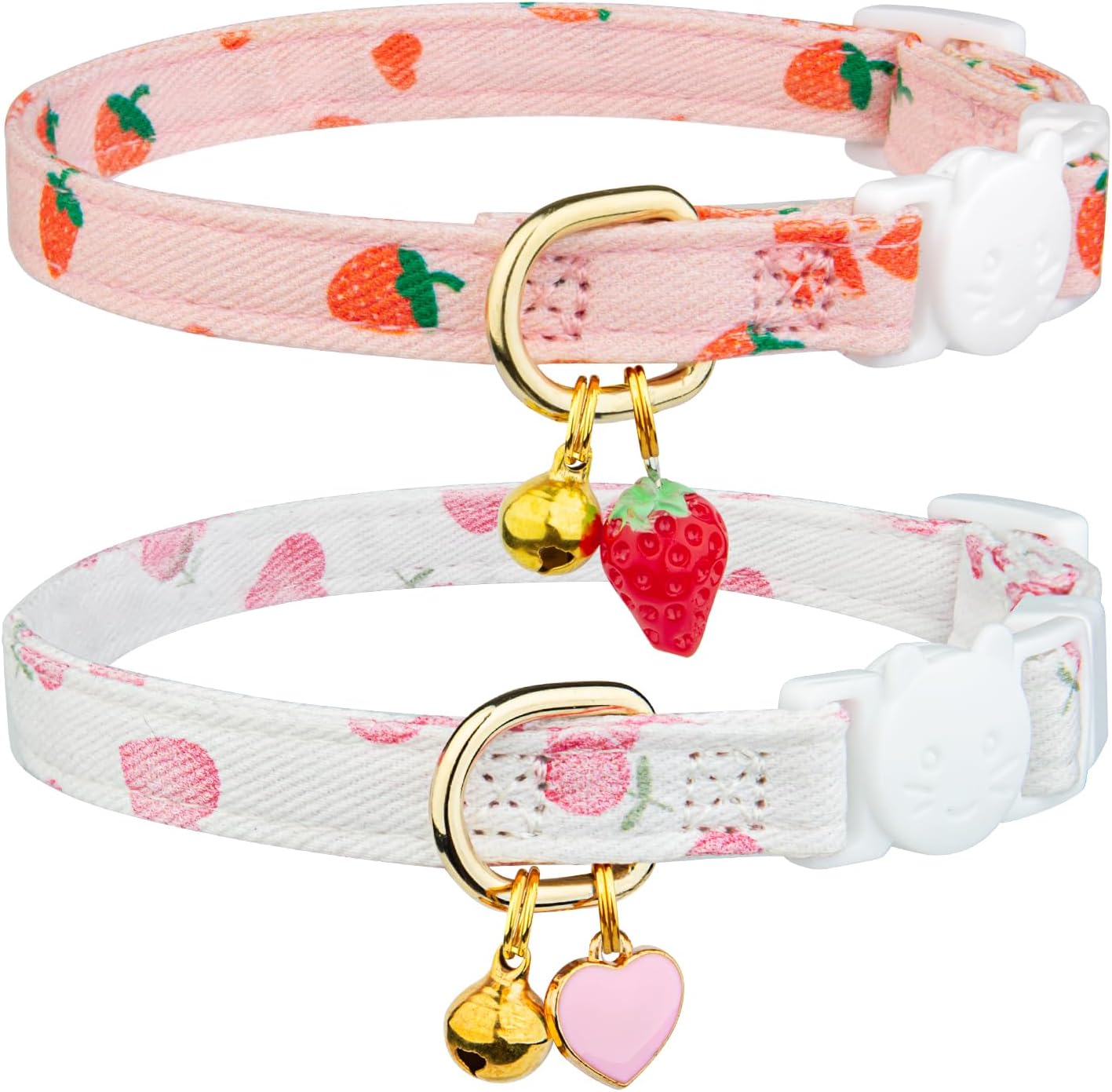 2 Pack Cotton Breakaway Cat Collar Pink Strawberries and White Heart S