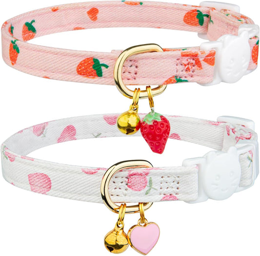 2 Pack Cotton Breakaway Cat Collar Pink Strawberries and White Heart S