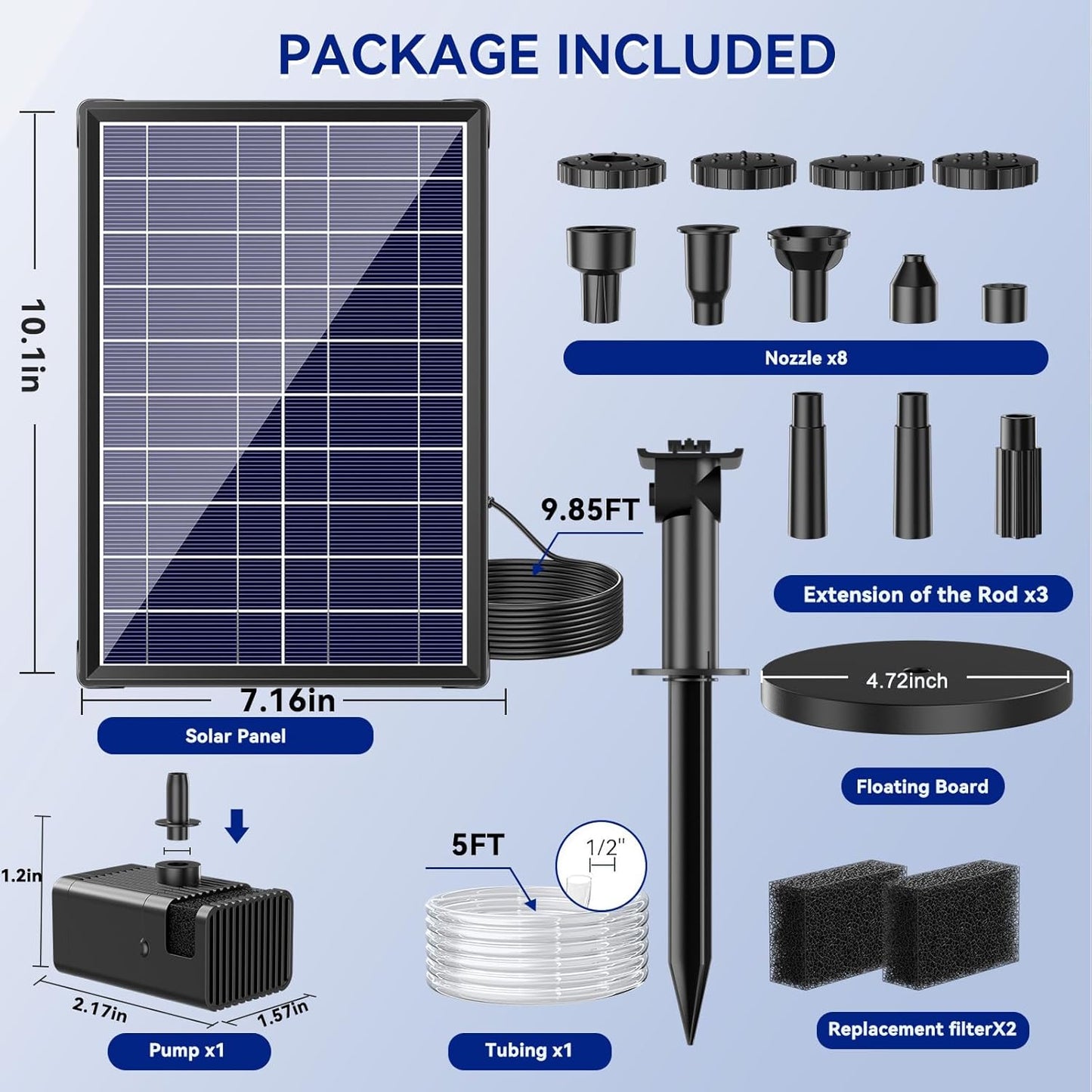Antfraer Solar Fountain Pump for Bird Bath, 8W Solar Water Fountain Pump with Dry-Run Protection & Double-Layer Nozzles, Solar Powered Fountain with 5Ft Tubing for Small Pond, Bird Bath, Water Feature