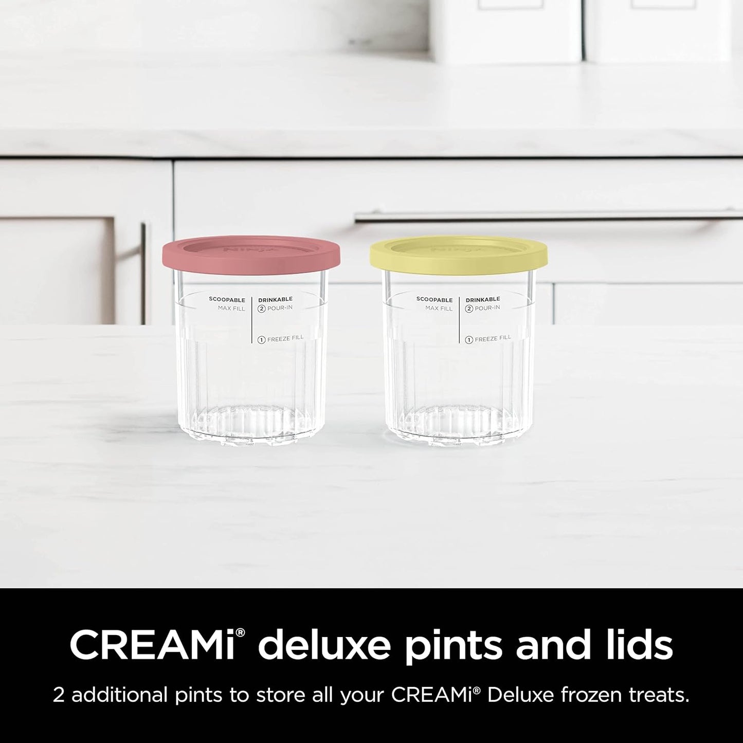 Ninja Creami Deluxe Pints 2 Pack, Compatible with NC500 Series Creami Deluxe Ice Cream Makers, Genuine Ninja Pint, BPA-Free & Dishwasher Safe, Color Lids, 1 Pint Each, Clear/Coral/Yellow, XSKPNTLD2