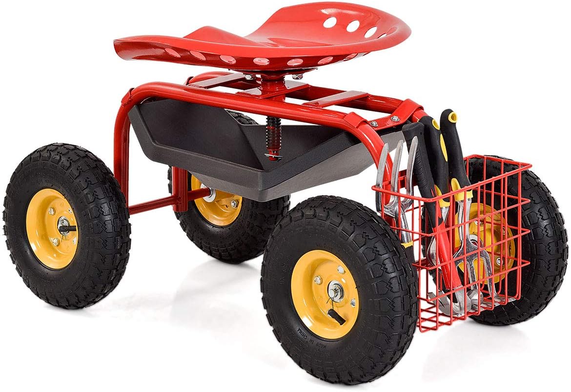 Squareful 4 Wheels Garden Cart, Patio Rolling Workseat w/Tool Tray, & Storage Basket, Outdoor Wagon Scooter for Planting, Rubber Tires & Adjustable Height for Lawn, Garden, Patio, Backyard (Red)