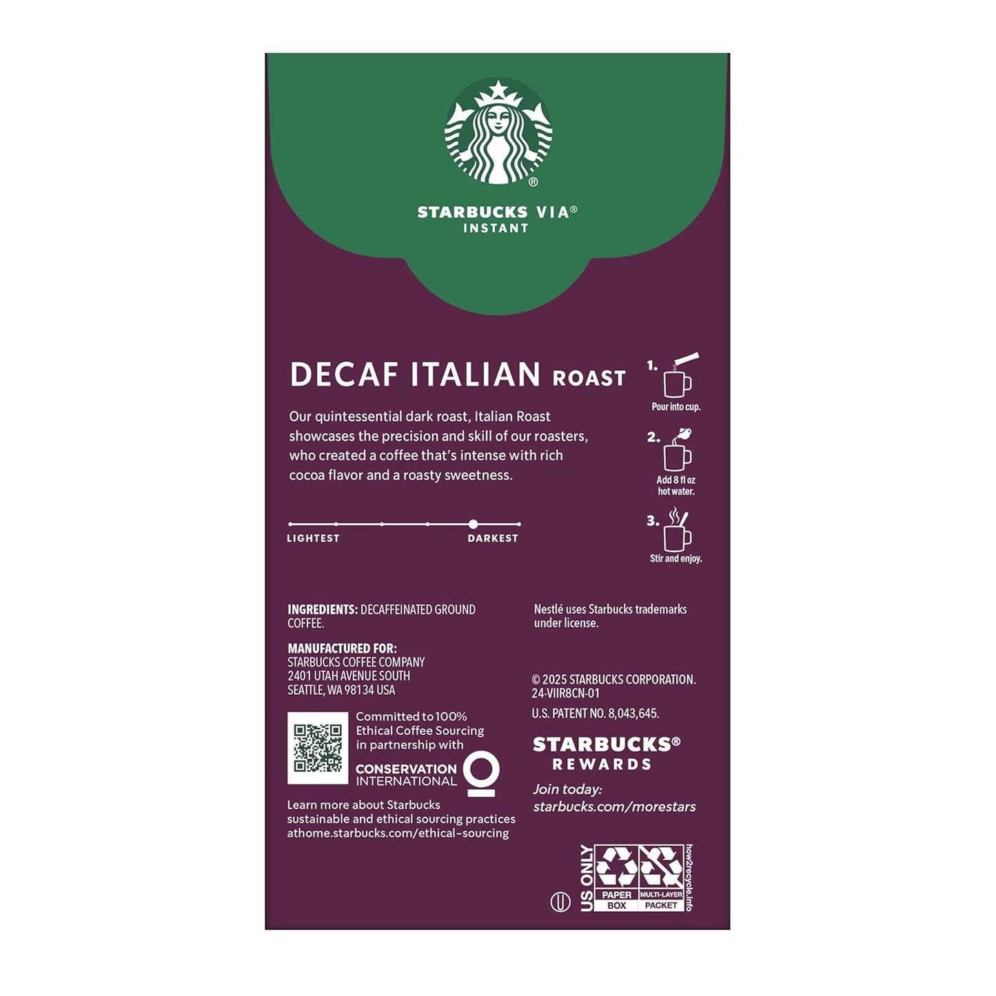 Starbucks VIA Instant Coffee Packets, Single Serve, Dark Roast Coffee, Decaf Italian Roast, 50 Packets