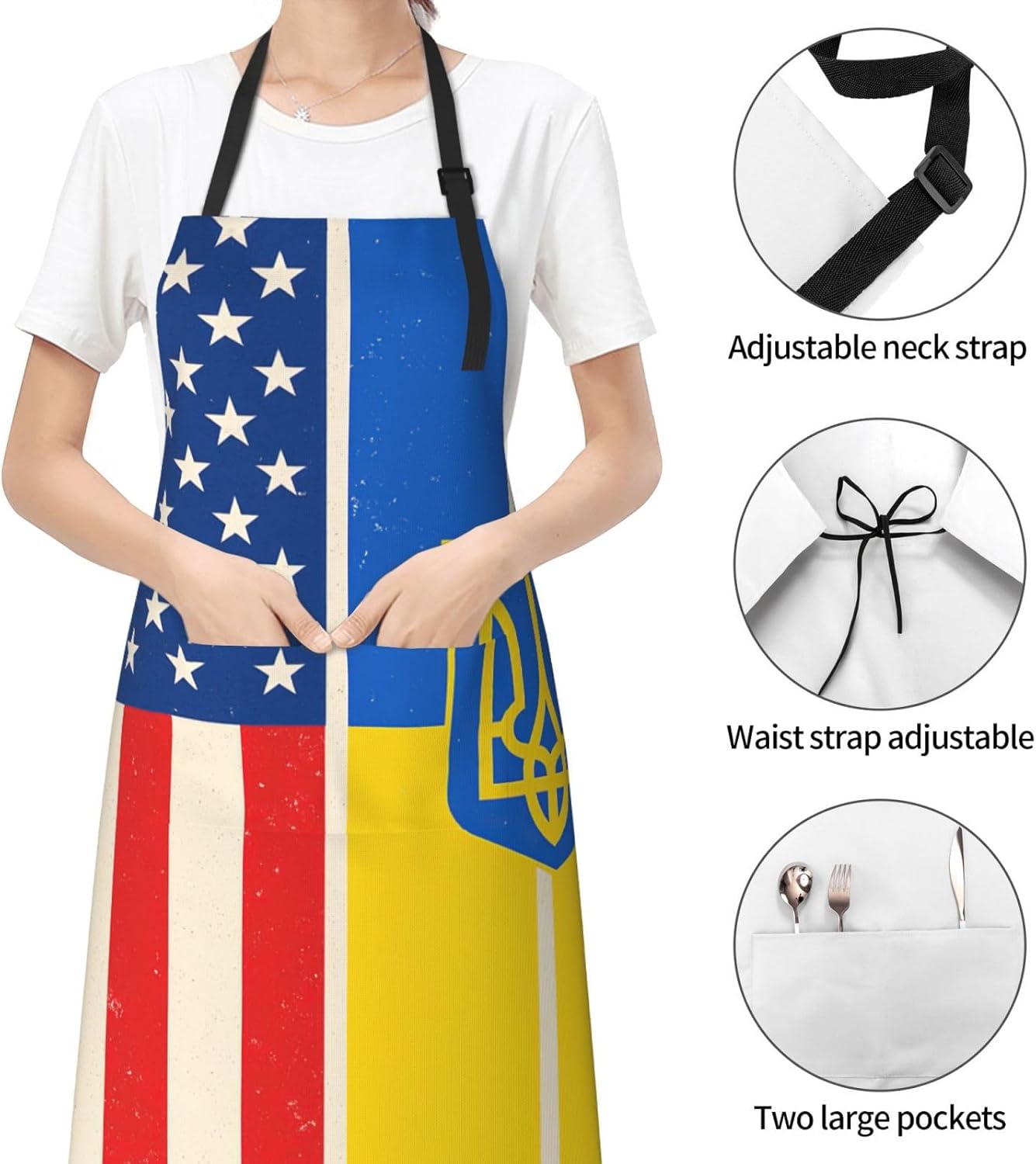 YANYU USA and Ukraine Print 28x33 In Kitchen Apron Stylish Chef Apron with Pockets for Cooking Baking Painting