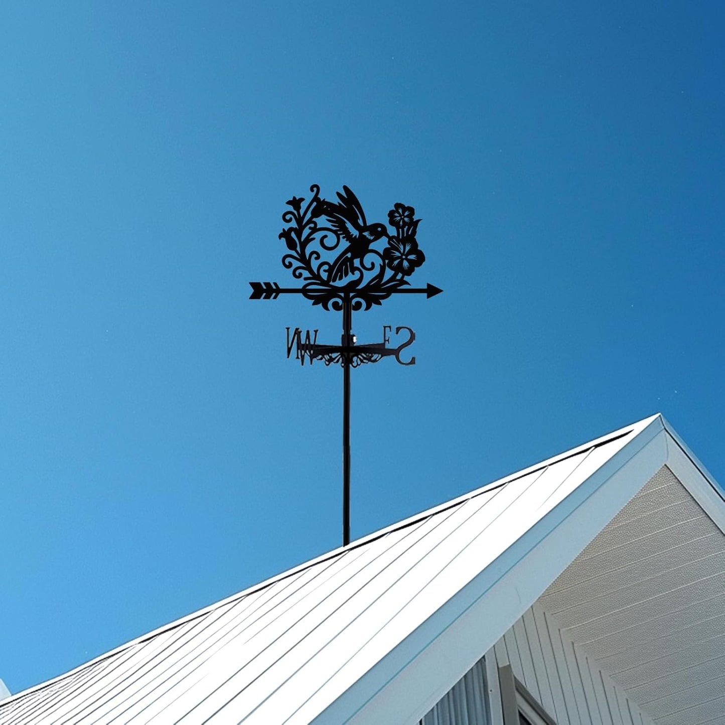 Bird Weathervane 26” Height Black Metal Hummingbird with Flower Weathe