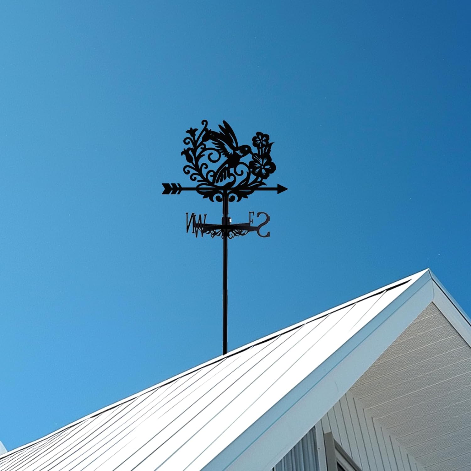 Bird Weathervane 26” Height Black Metal Hummingbird with Flower Weathe