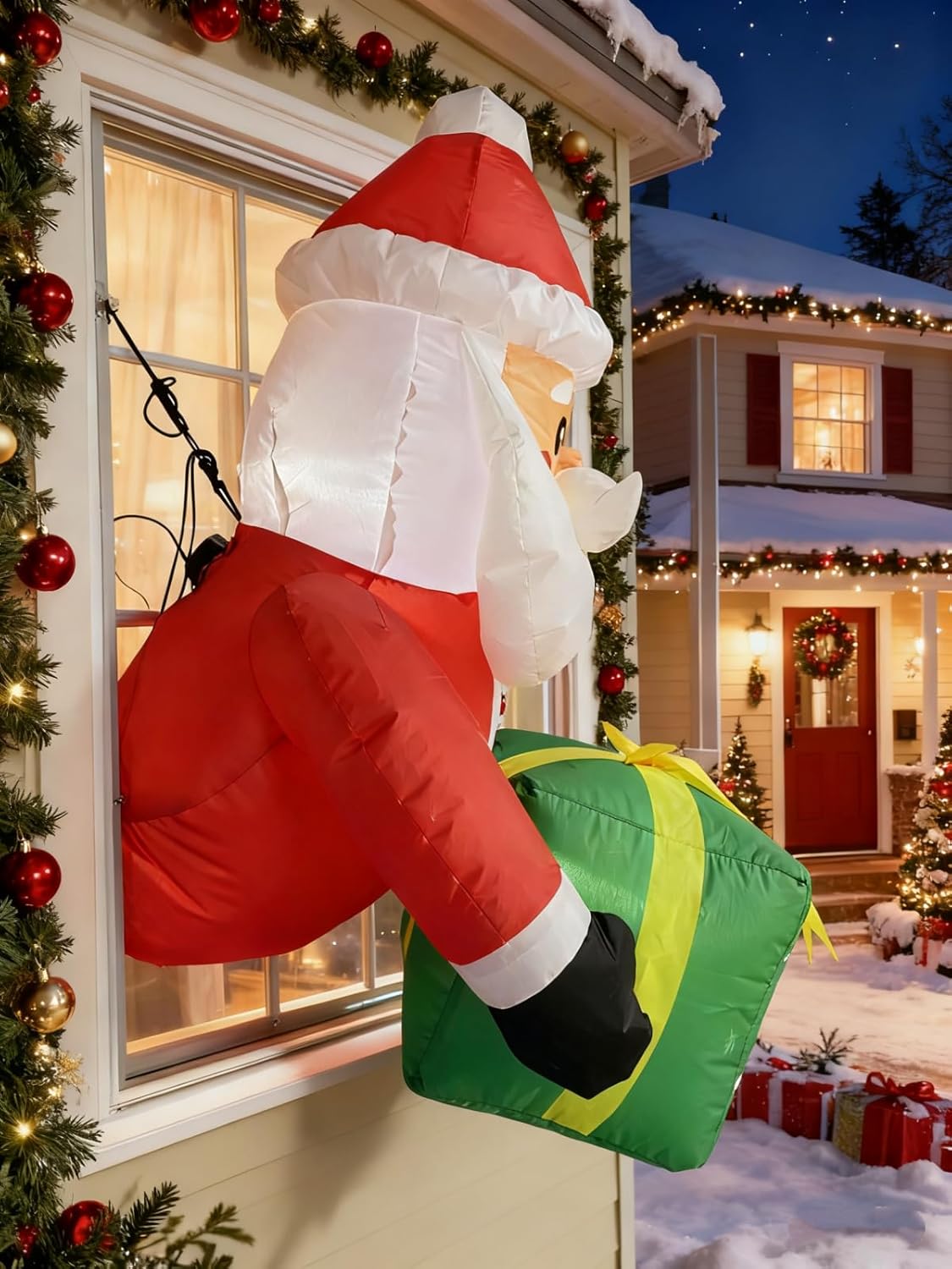 3.5FT Window Inflatble Decor- Christmas Santa Claus with Green Gift Bo