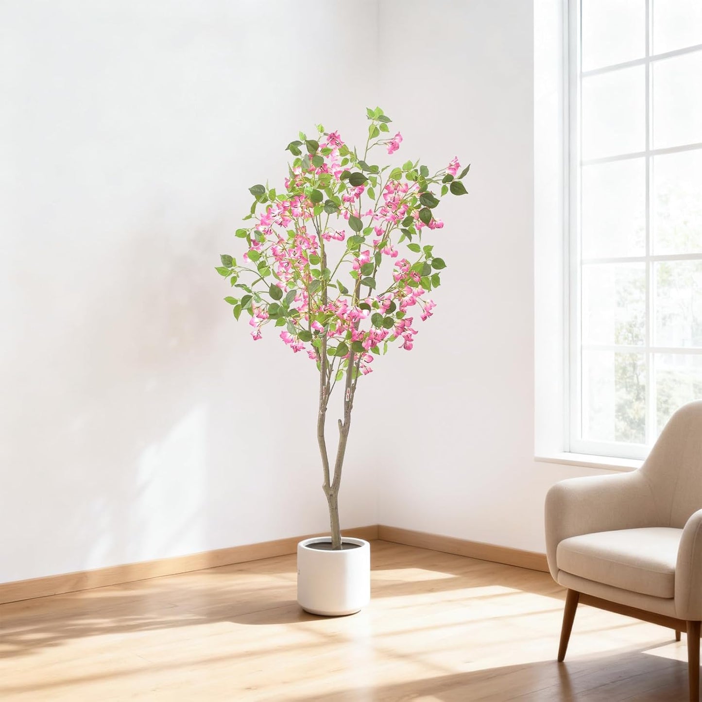 5Ft Artificial Trees Tall Fake Plant in White Planter Pot Faux Bougainvillea Faux Tree for Living Room Indoor Home Decor Front Porch Office Decor